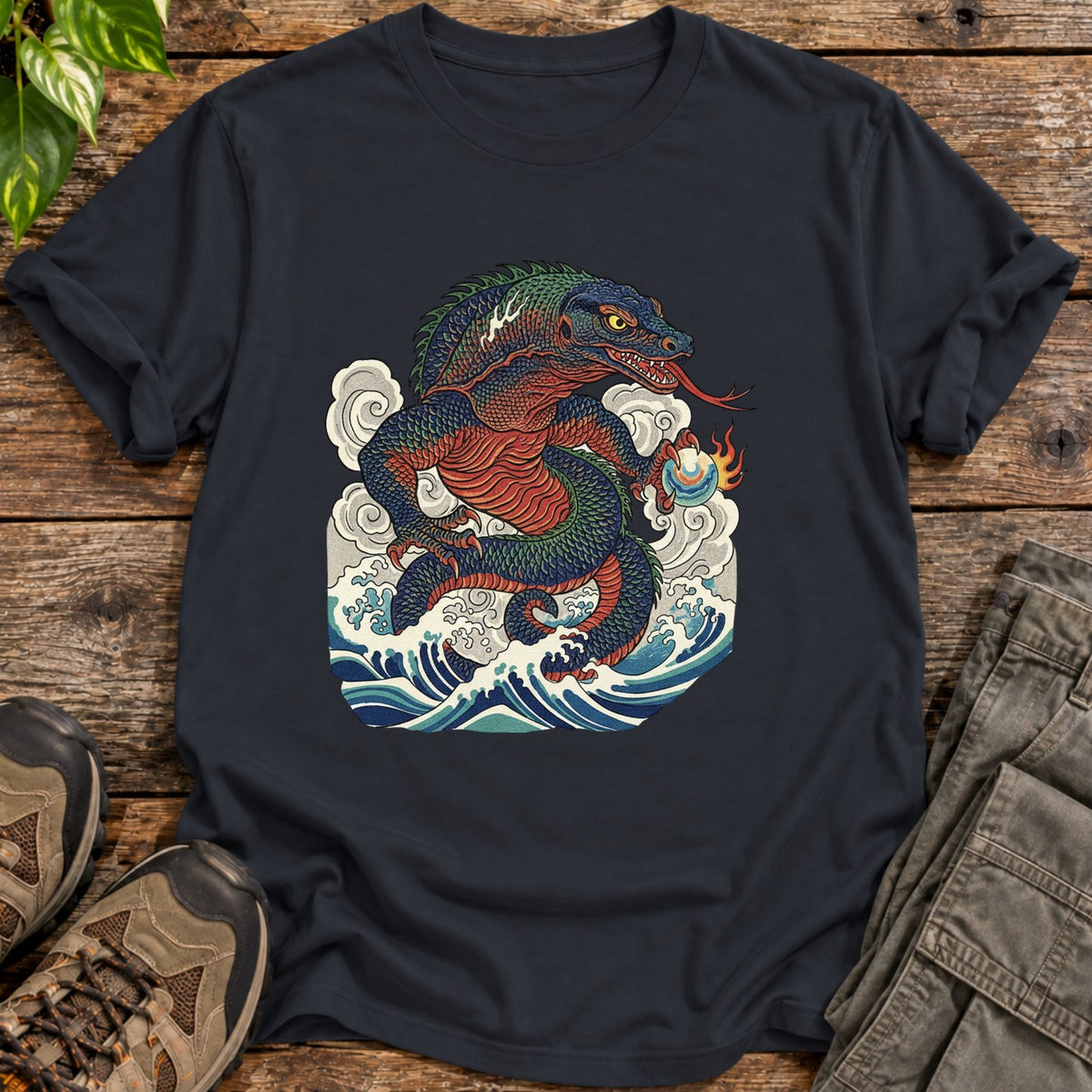 Traditional Art Komodo Dragon Shirt - Black