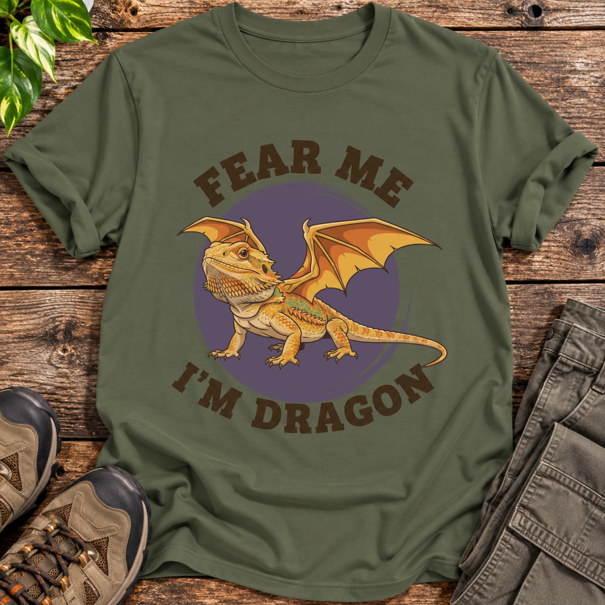 Fear Me I’m a Dragon Bearded Dragon T-Shirt - Military Green