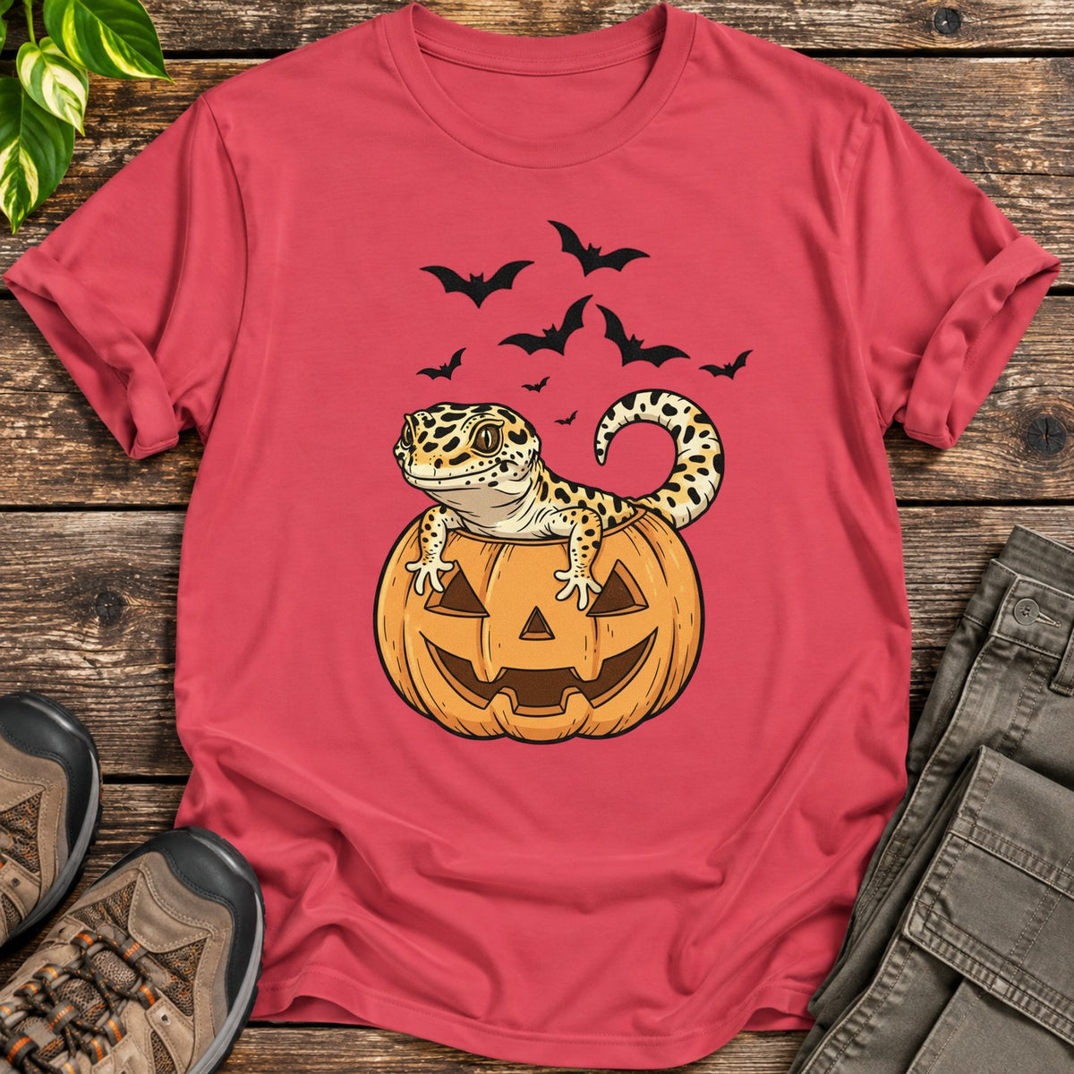 Halloween Leopard Gecko Pumpkin T-Shirt - Heather Red