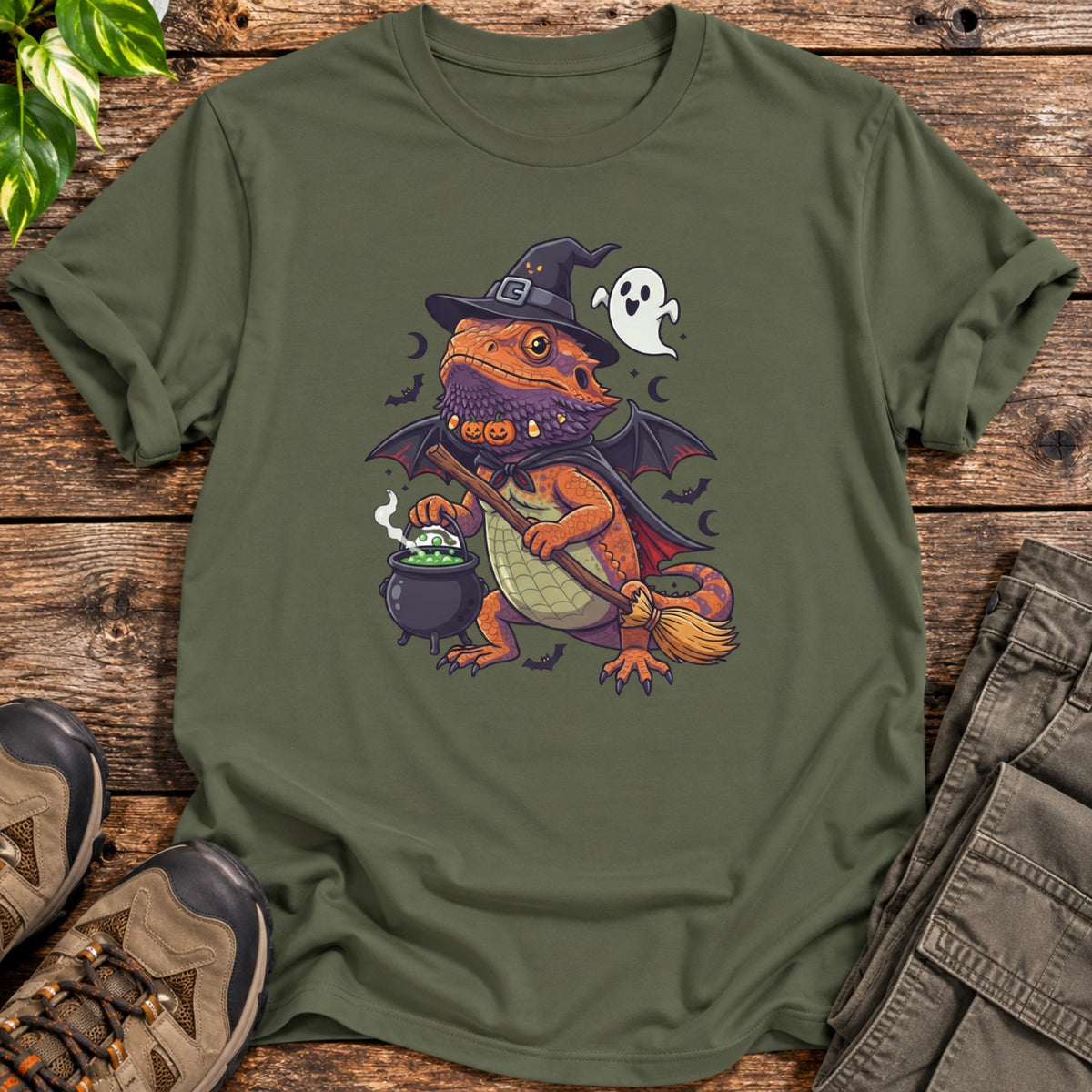 Spooky Witch Bearded Dragon Halloween T-Shirt - Military Green