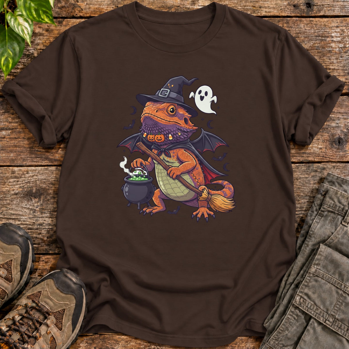 Spooky Witch Bearded Dragon Halloween T-Shirt - Dark Chocolate