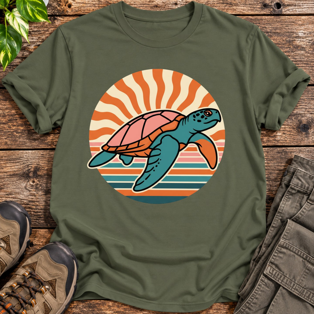 Vintage Retro Sunset Turtle T-Shirt - Military Green