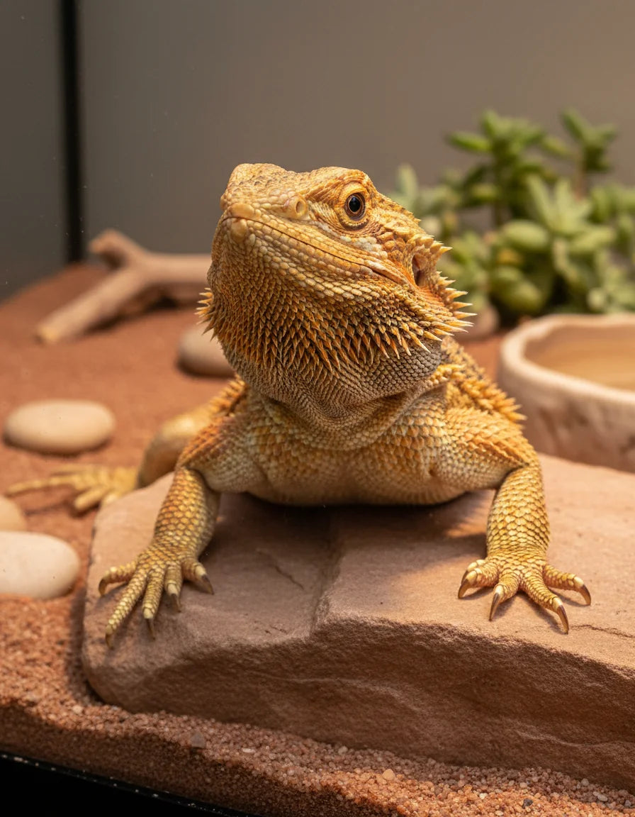 Close-up of a bearded dragon's spiky beard on a rock in its terrarium