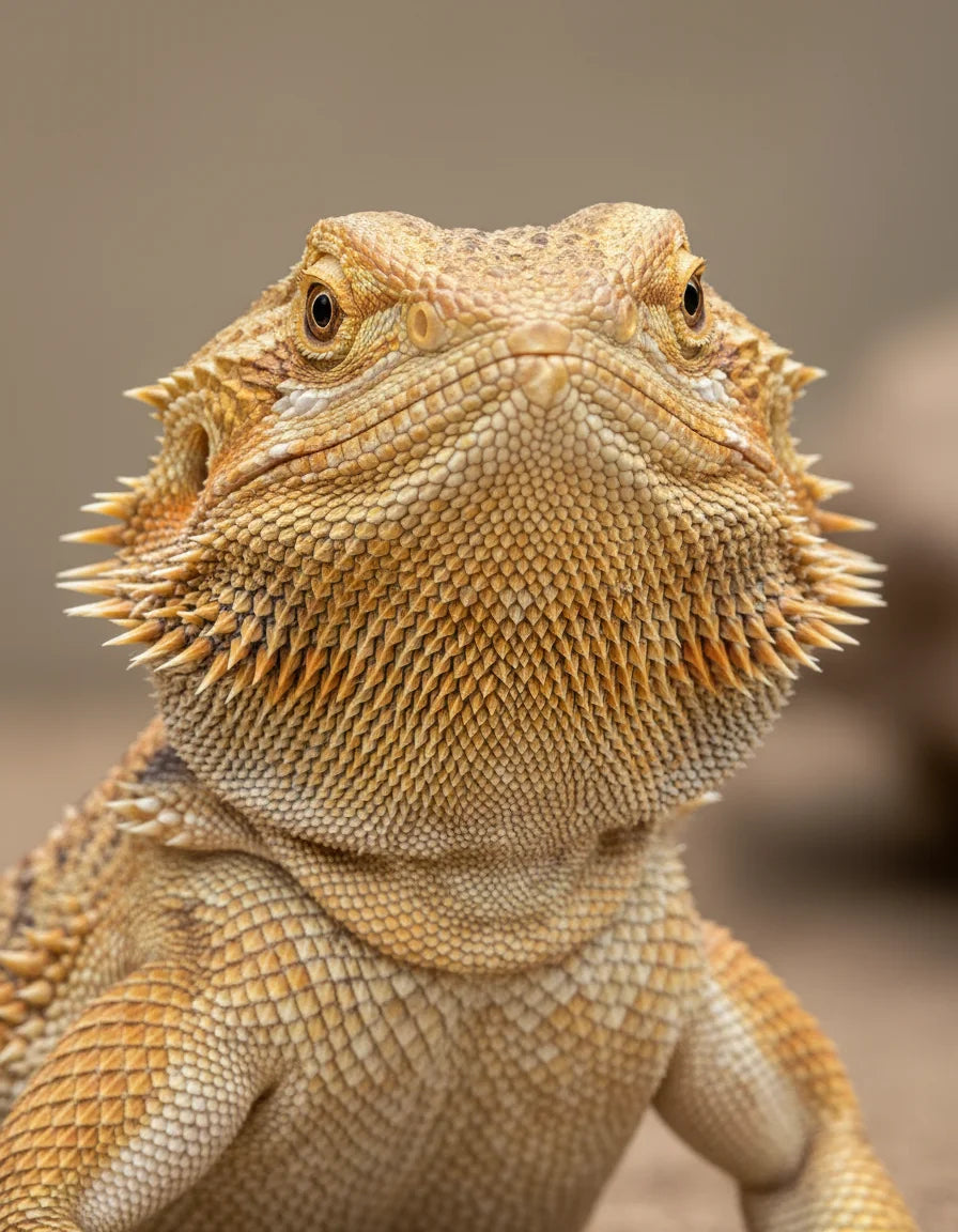 Close-up portrait of a bearded dragon's face and spiky beard