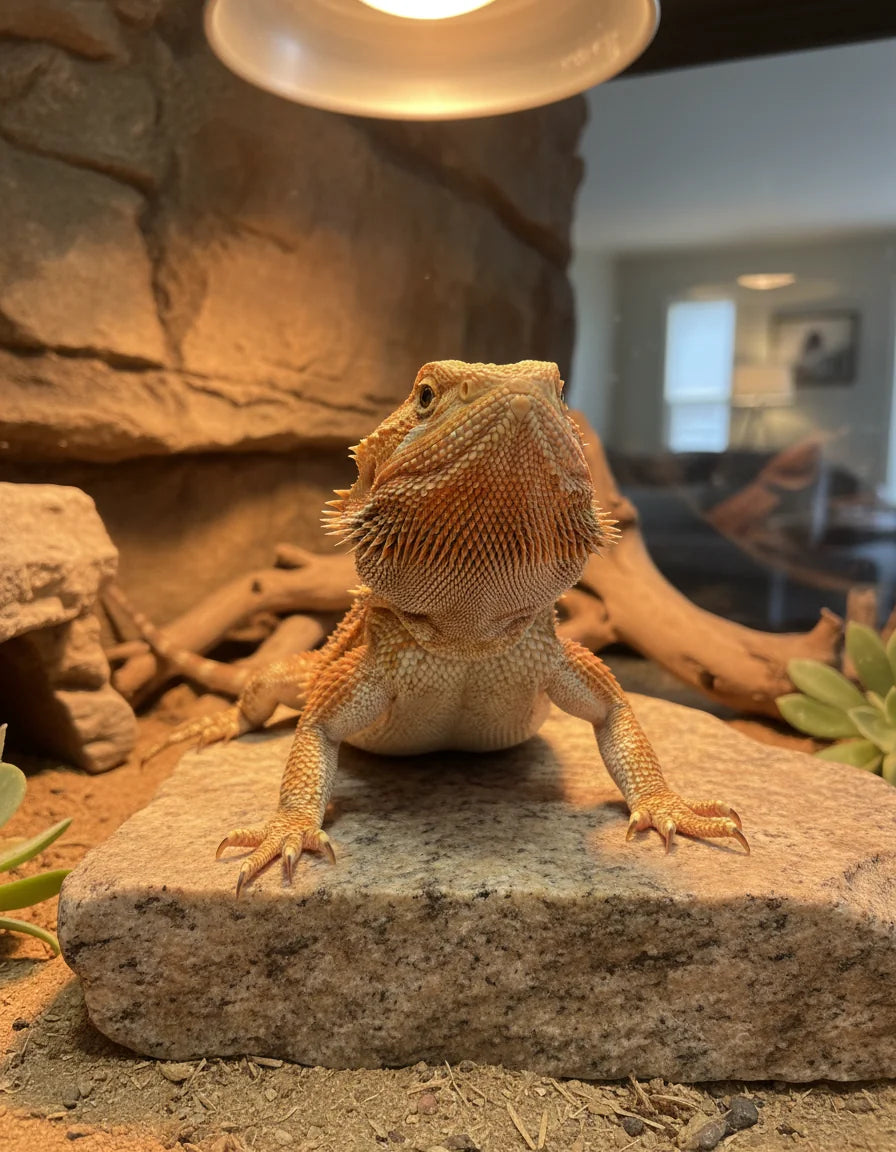 Bearded dragon sitting up on a basking rock under a heat lamp