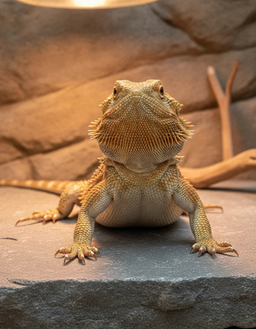 Bearded dragon staring straight ahead on a basking rock under a heat lamp