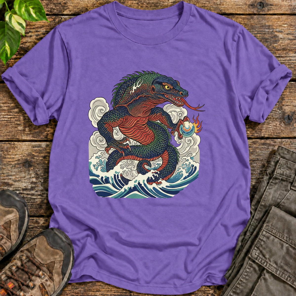 Traditional Art Komodo Dragon Shirt - Heather Purple