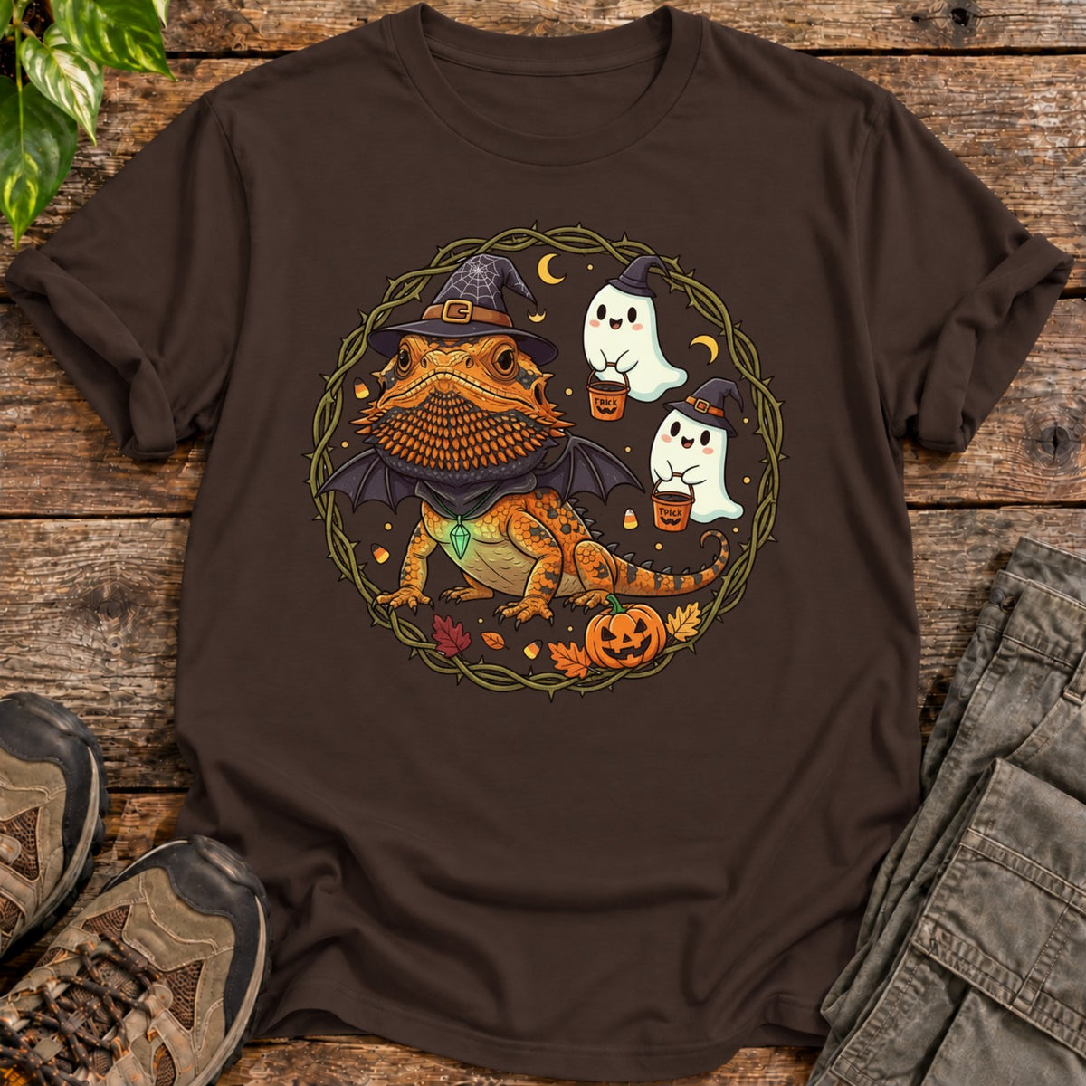 Bearded Dragon Witch Halloween T-Shirt - Dark Chocolate