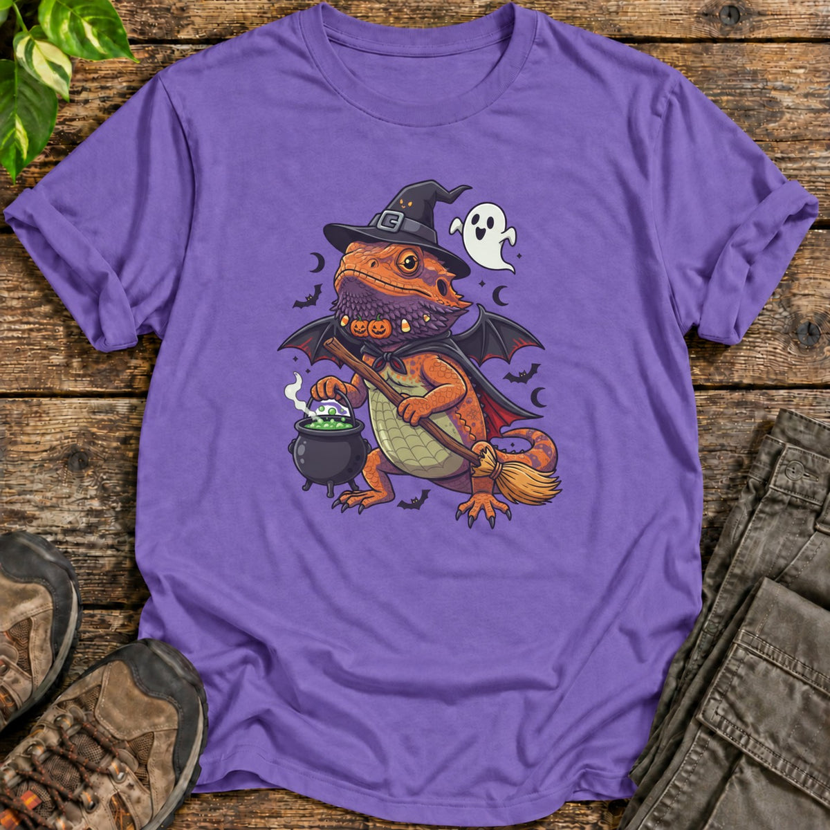 Spooky Witch Bearded Dragon Halloween T-Shirt - Heather Purple