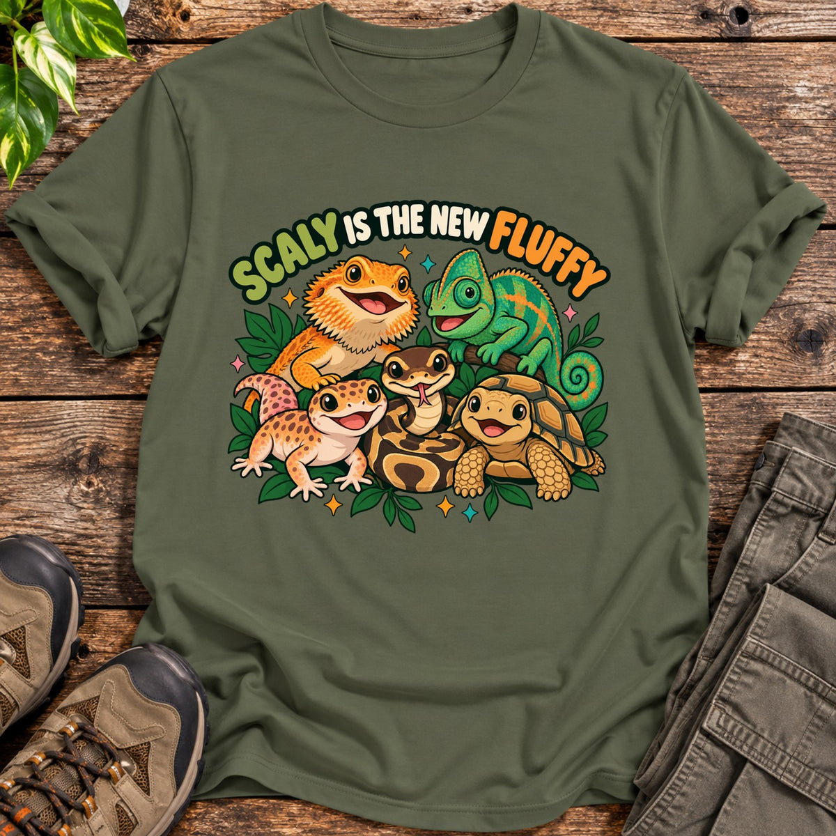 Scaly Fluffy Reptile Shirt - Military Green
