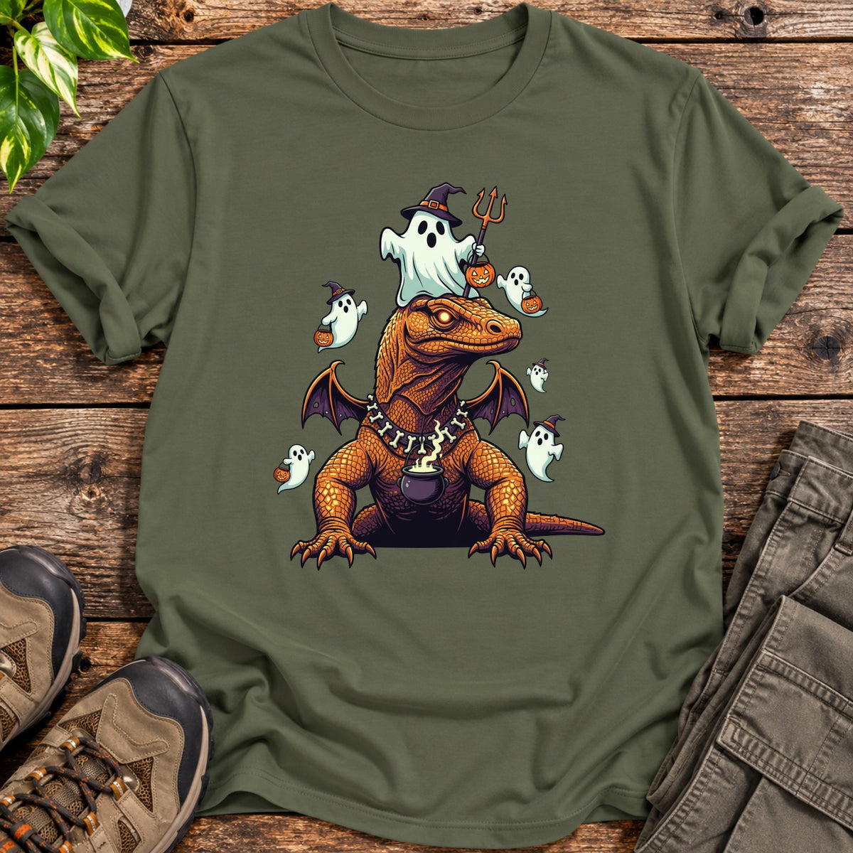 Halloween Komodo Dragon Ghost Parade T-Shirt - Military Green