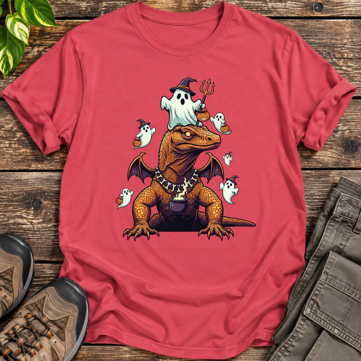Halloween Komodo Dragon Ghost Parade T-Shirt - Heather Red