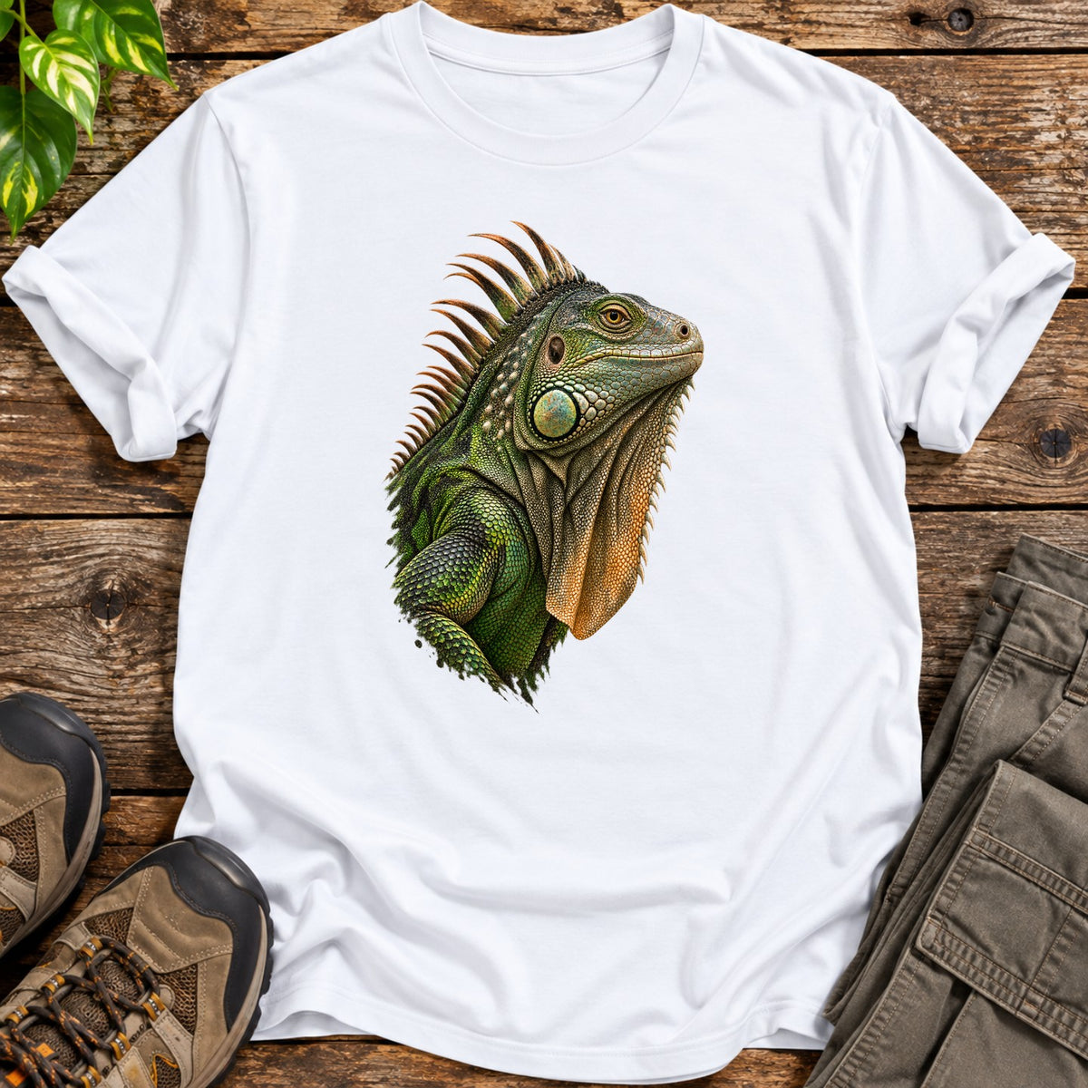 Green Iguana Portrait T-Shirt - White