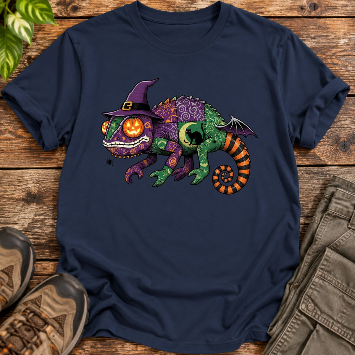 Patchwork Halloween Chameleon T-Shirt - Navy