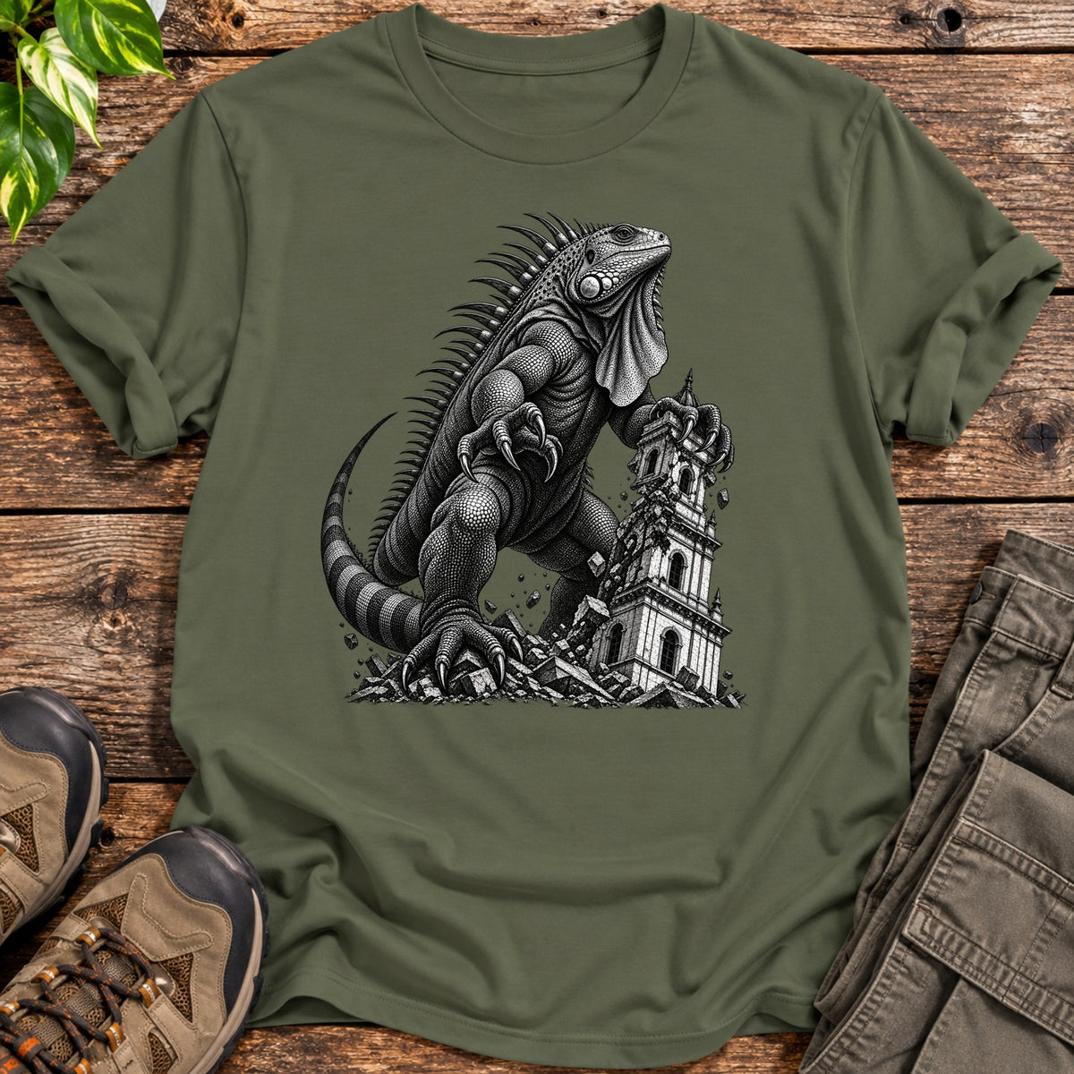 Giant Iguana Rampage T-Shirt - Military Green