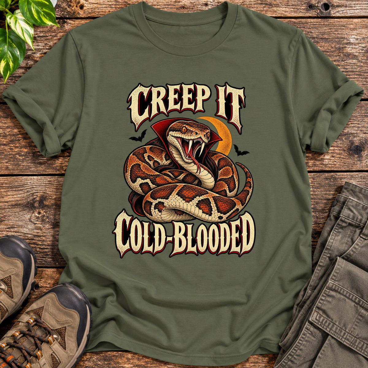 Creep It Cold Blooded Vampire Snake T-Shirt - Military Green