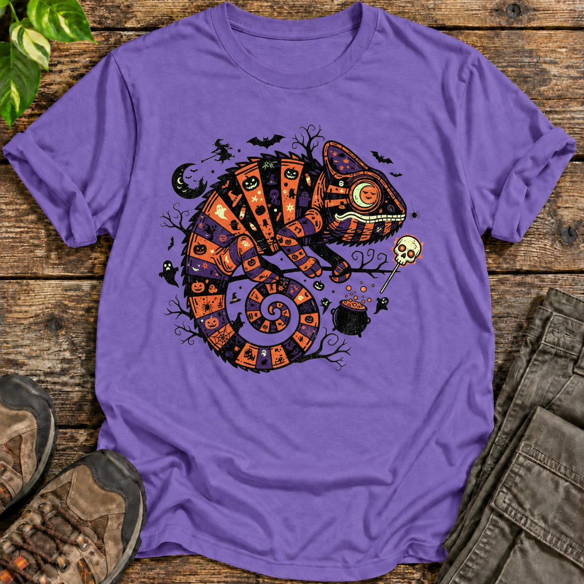 Halloween Chameleon Patchwork T-Shirt - Heather Purple