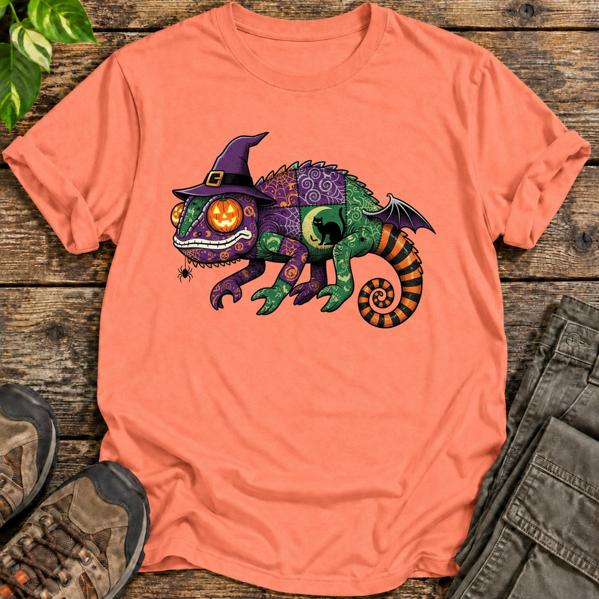 Patchwork Halloween Chameleon T-Shirt - Heather Orange
