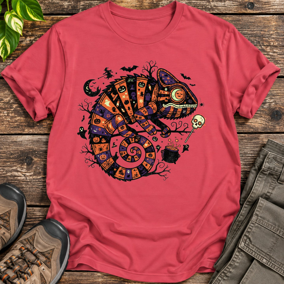 Halloween Chameleon Patchwork T-Shirt - Heather Red