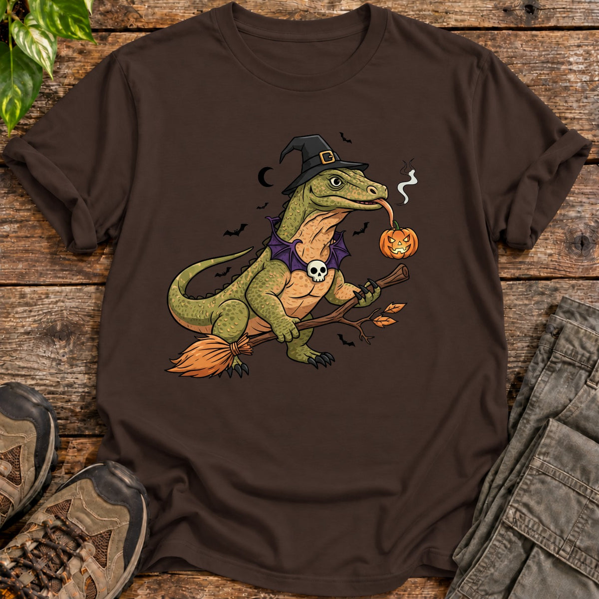 Komodo Dragon Witch Halloween T-Shirt - Dark Chocolate