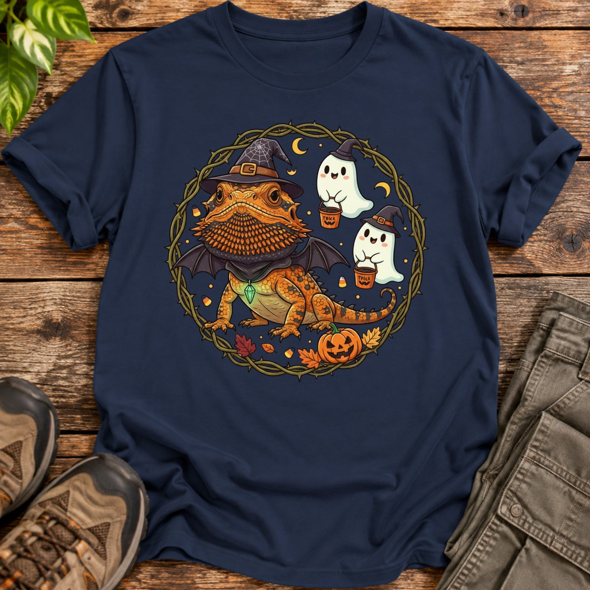 Bearded Dragon Witch Halloween T-Shirt - Navy