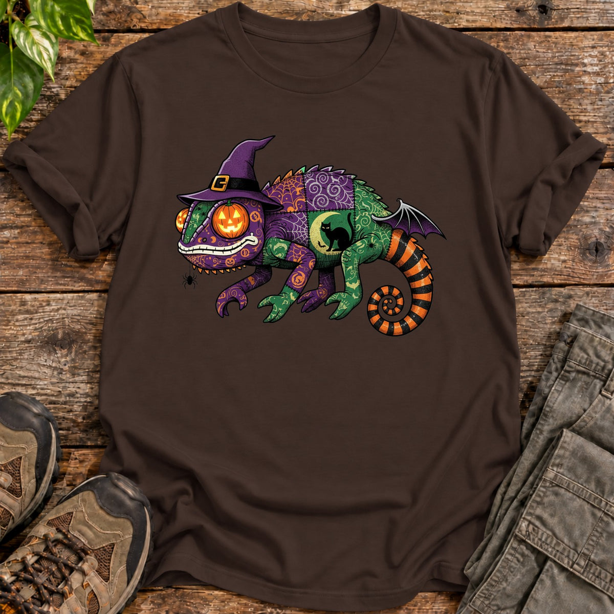 Patchwork Halloween Chameleon T-Shirt - Dark Chocolate
