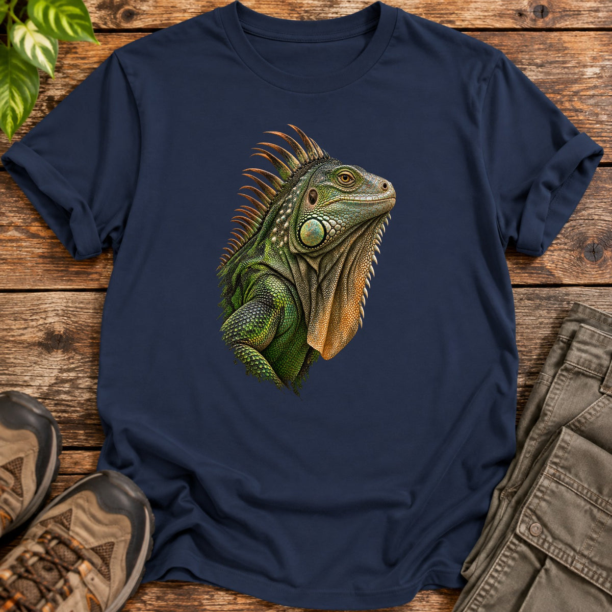 Green Iguana Portrait T-Shirt - Navy Blue