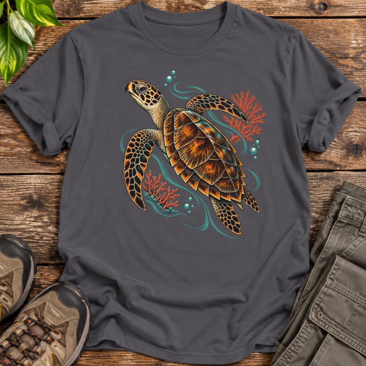 Ocean Coral Reef Sea Turtle T-Shirt - Charcoal