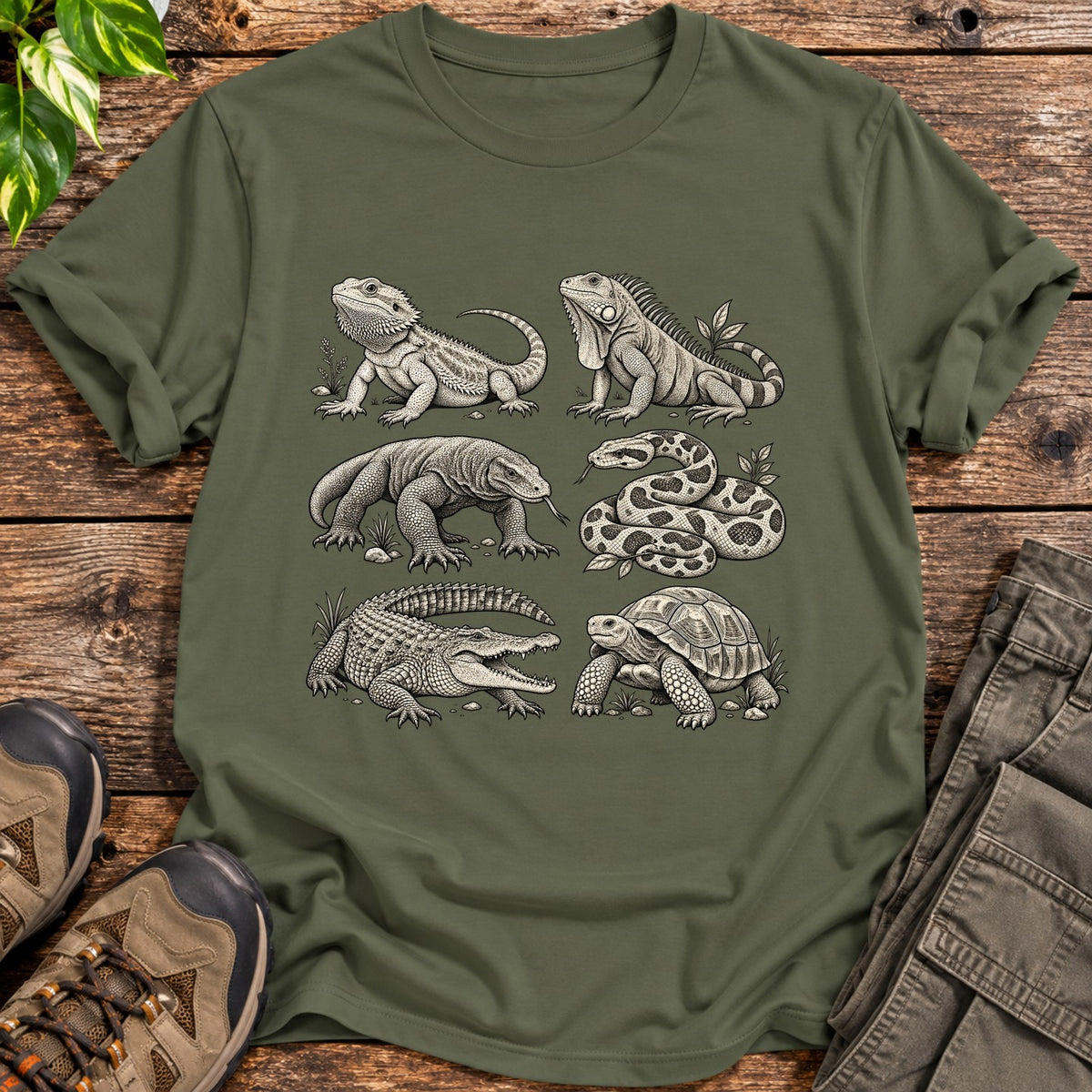 Reptile Species Lineup Graphic T-Shirt - Military Green