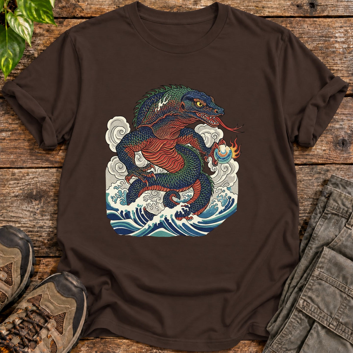 Traditional Art Komodo Dragon Shirt - Dark Chocolate