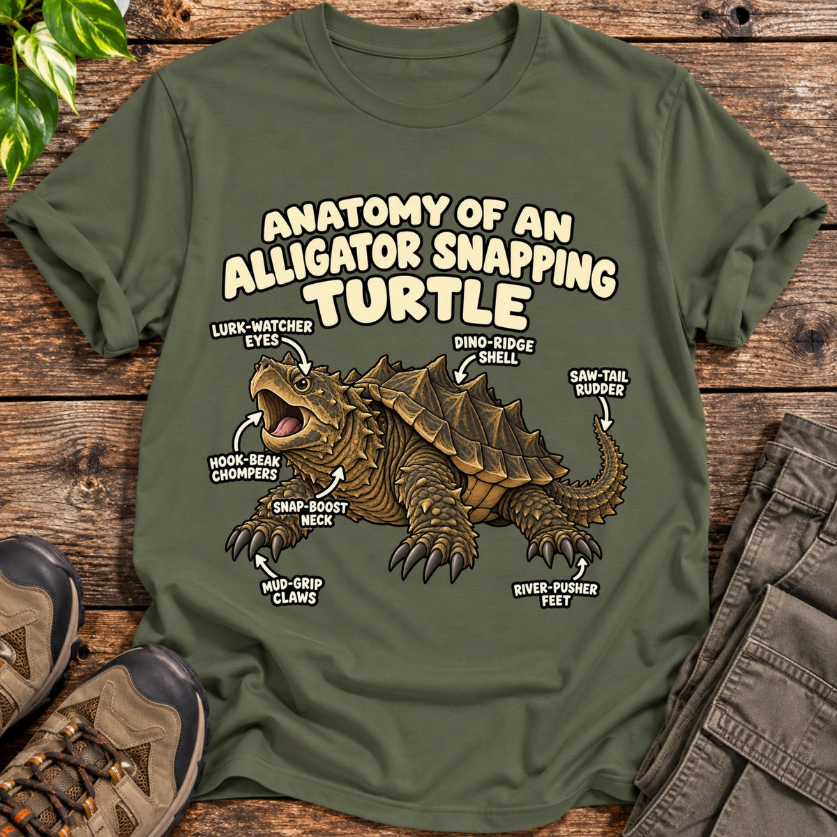Snapping Turtle Anatomy T-Shirt - Military Green