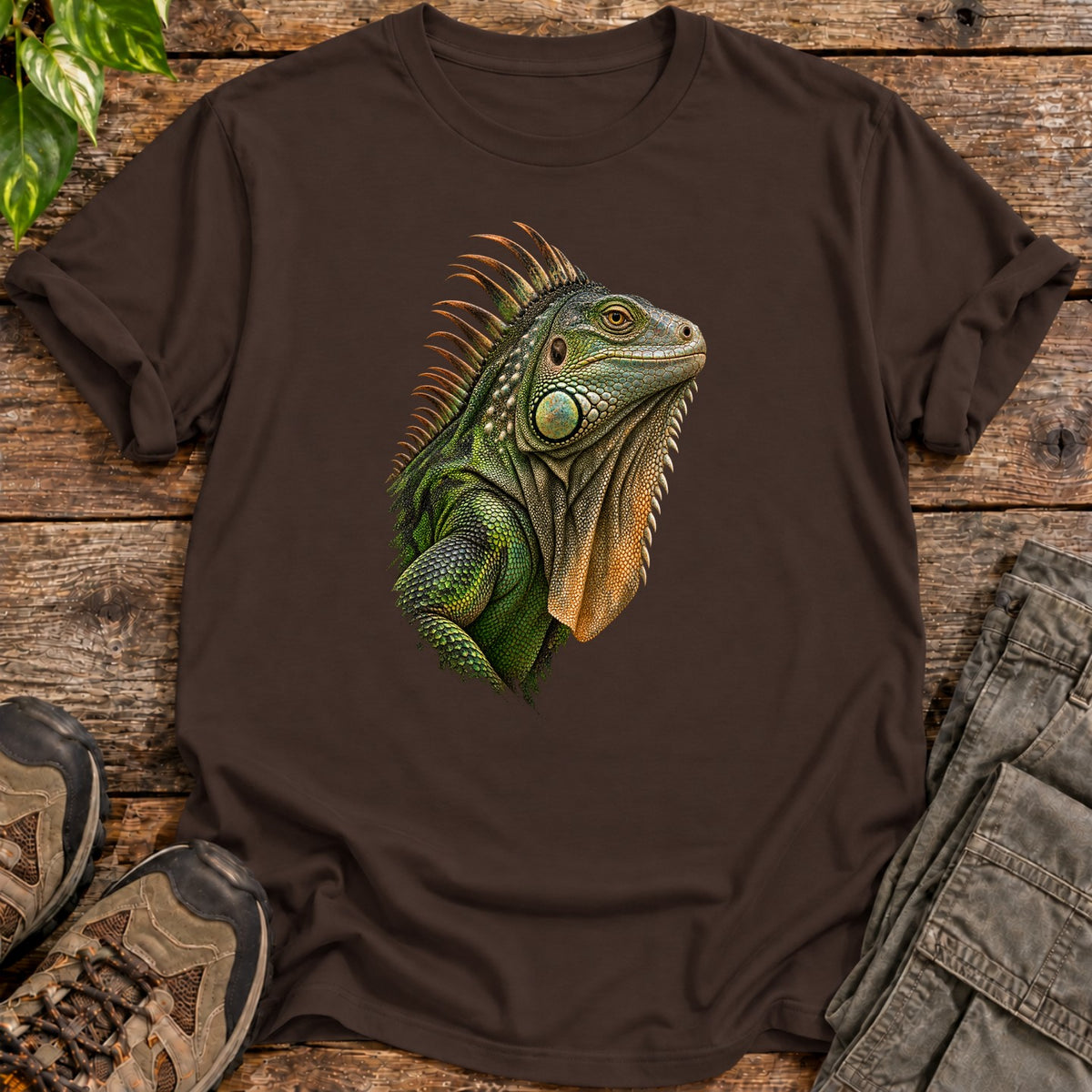 Green Iguana Portrait T-Shirt - Dark Chocolate