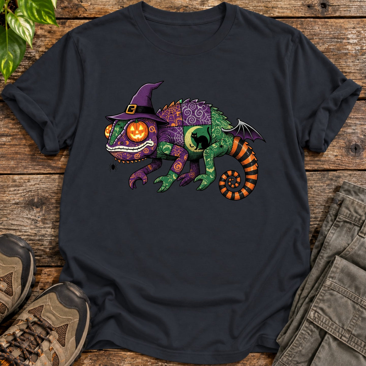 Patchwork Halloween Chameleon T-Shirt - Black
