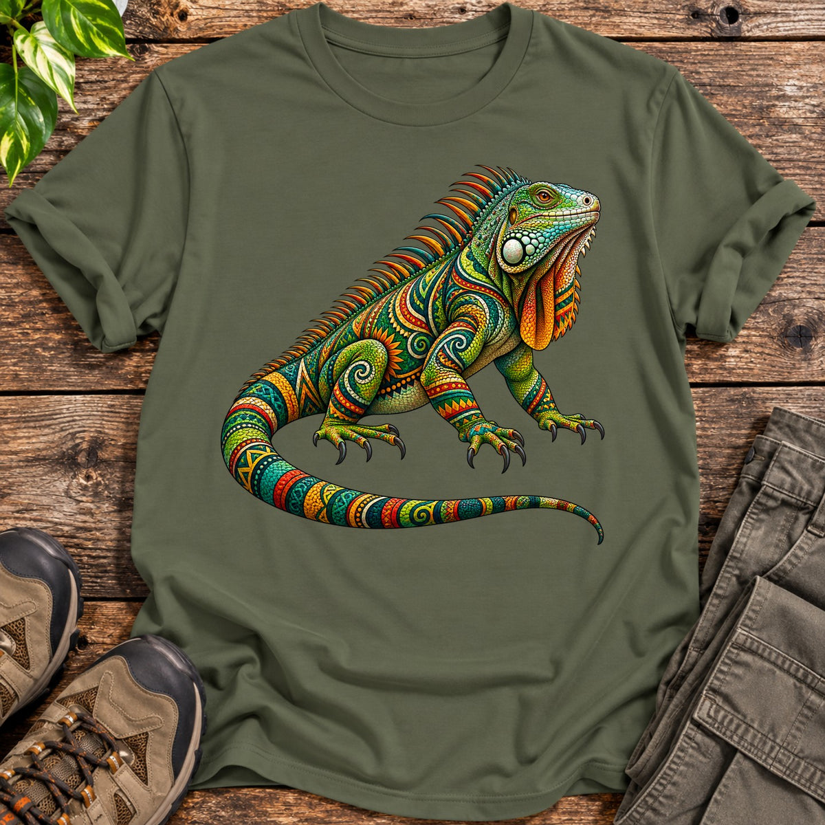 Tribal Spirit Iguana T-Shirt - Military Green