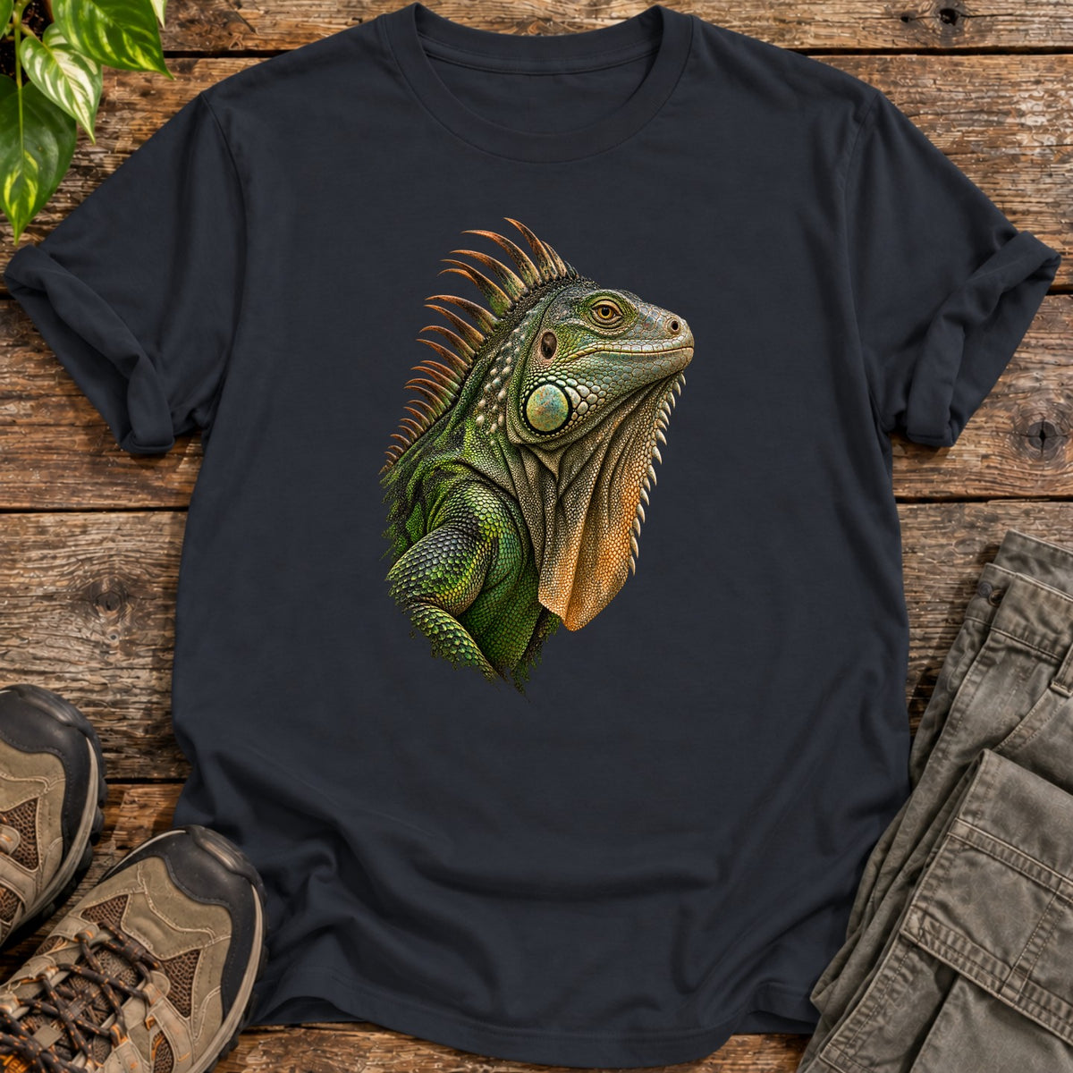 Green Iguana Portrait T-Shirt - Black