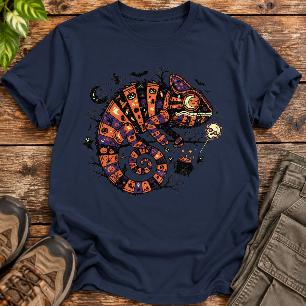 Halloween Chameleon Patchwork T-Shirt - Navy