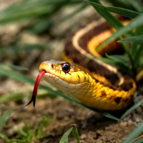 Yellow and brown garter snake flicking its red tongue in the grass