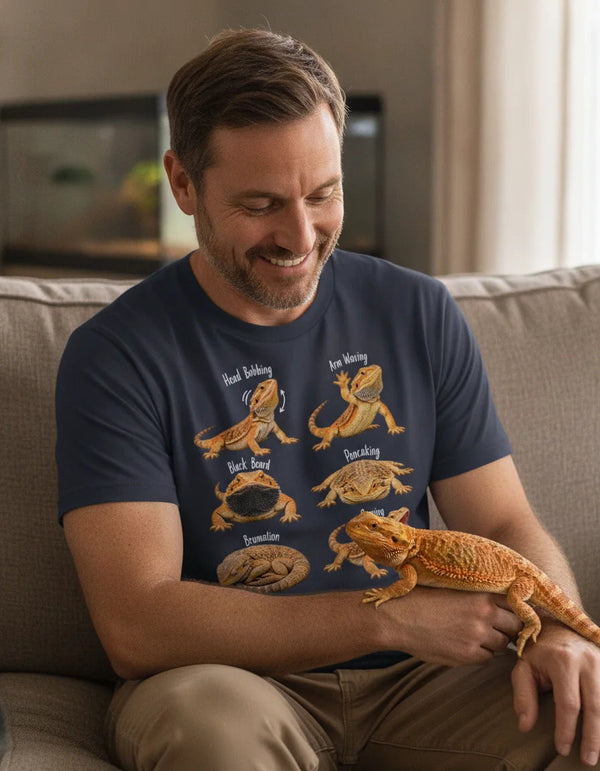 Man wearing the Bearded Dragon Behavior Guide T-shirt with his pet bearded dragon