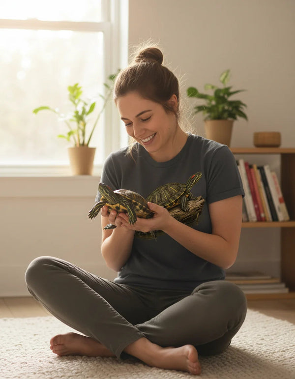 Woman wearing the Red Eared Slider Turtle T-shirt while holding her pet turtle